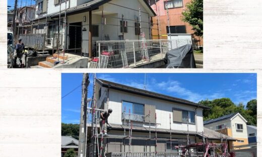 佐倉市の塗り替え、外壁塗装事例、屋根カバー工法、足場設置