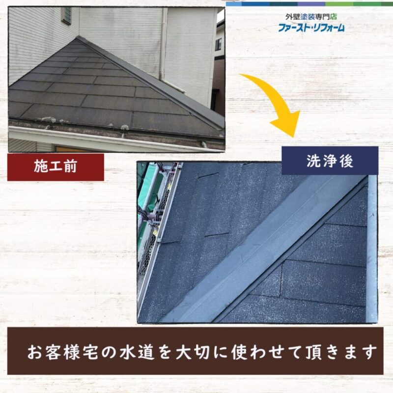 佐倉市井野外壁塗装、高圧洗浄ビフォーアフター、節水