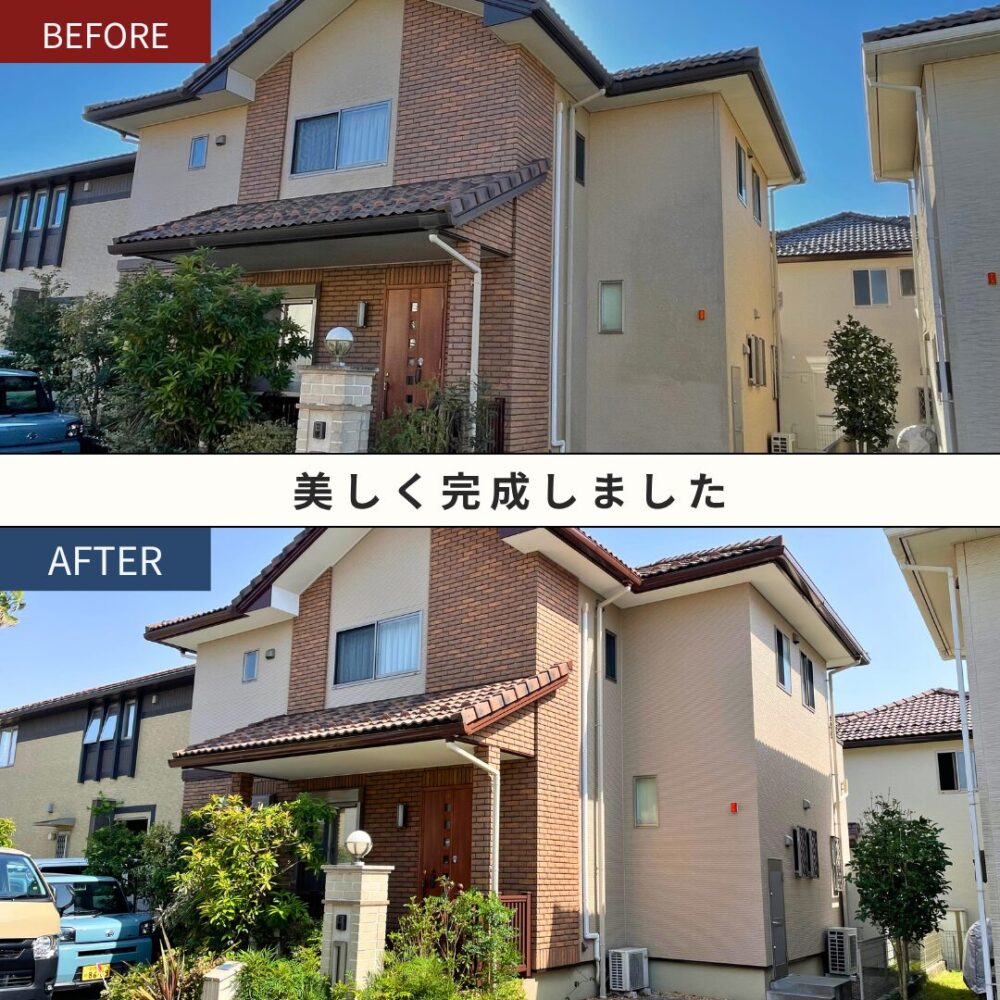 印西市東の原、外壁塗装完成。１０年目の定期的な塗装。雰囲気を変えずに