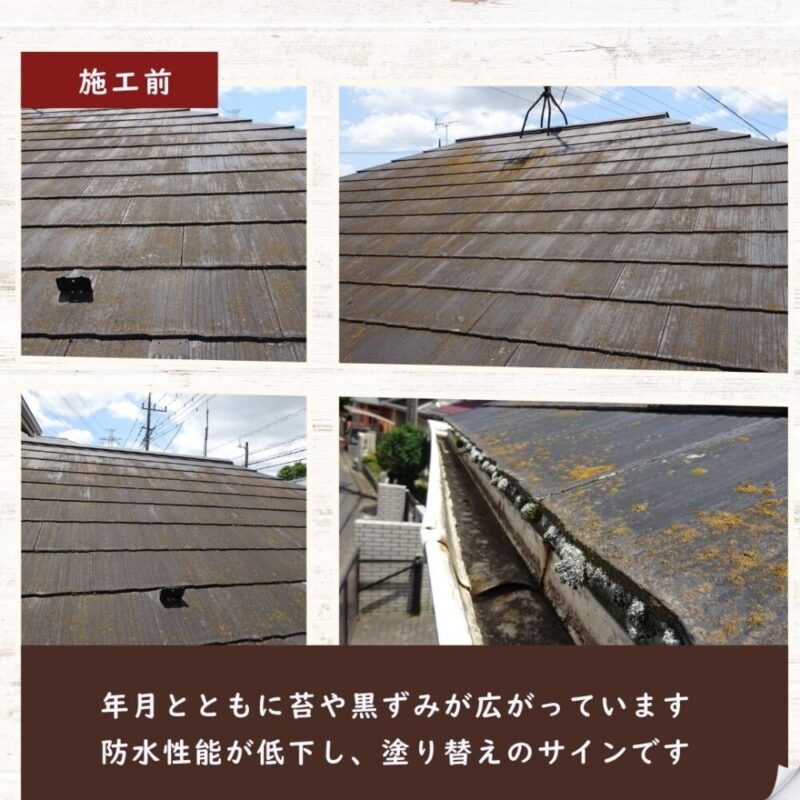 佐倉市石川屋根塗装、施工前、苔汚れ