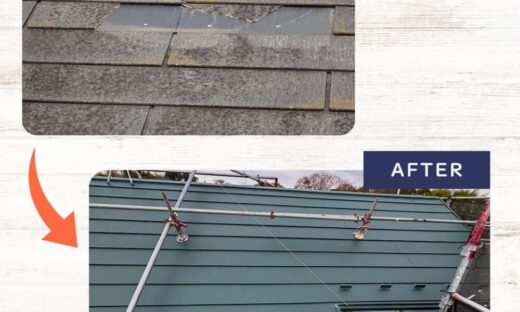 佐倉市弥勒町屋根カバー工事、施工ビフォーアフター、剥がれもきれいに