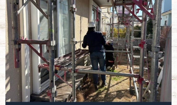 印西市若萩、外壁塗装、屋根カバー工事スタート、安全第一