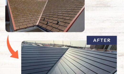 印西市若萩、屋根カバー工事、ビフォーアフター、大屋根