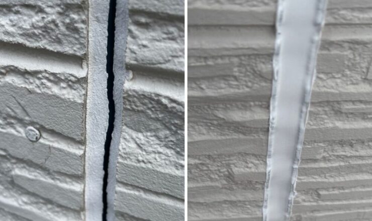 佐倉市大蛇町、コーキングのひび割れ、補修ビフォーアフター