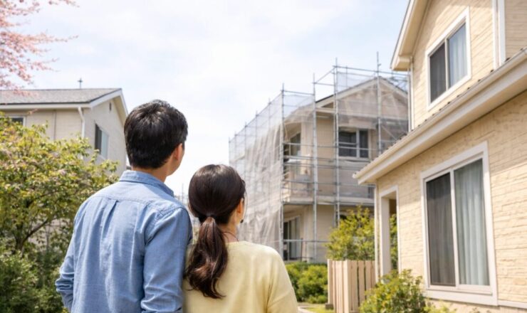 隣家の塗装作業を見守る二人