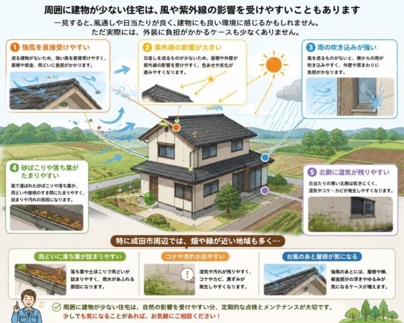 成田市、田畑が多い地域の住宅、傷みやすいポイント