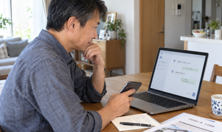 AIを使って外壁塗装について調べる男性