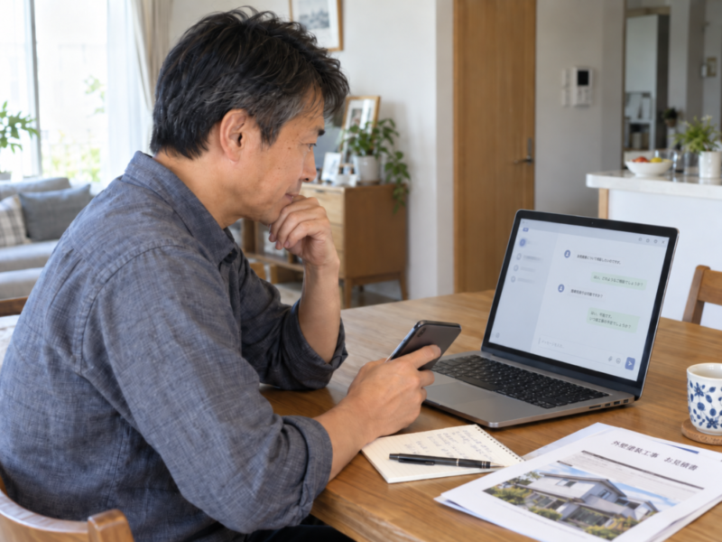 AIを使って外壁塗装について調べる男性