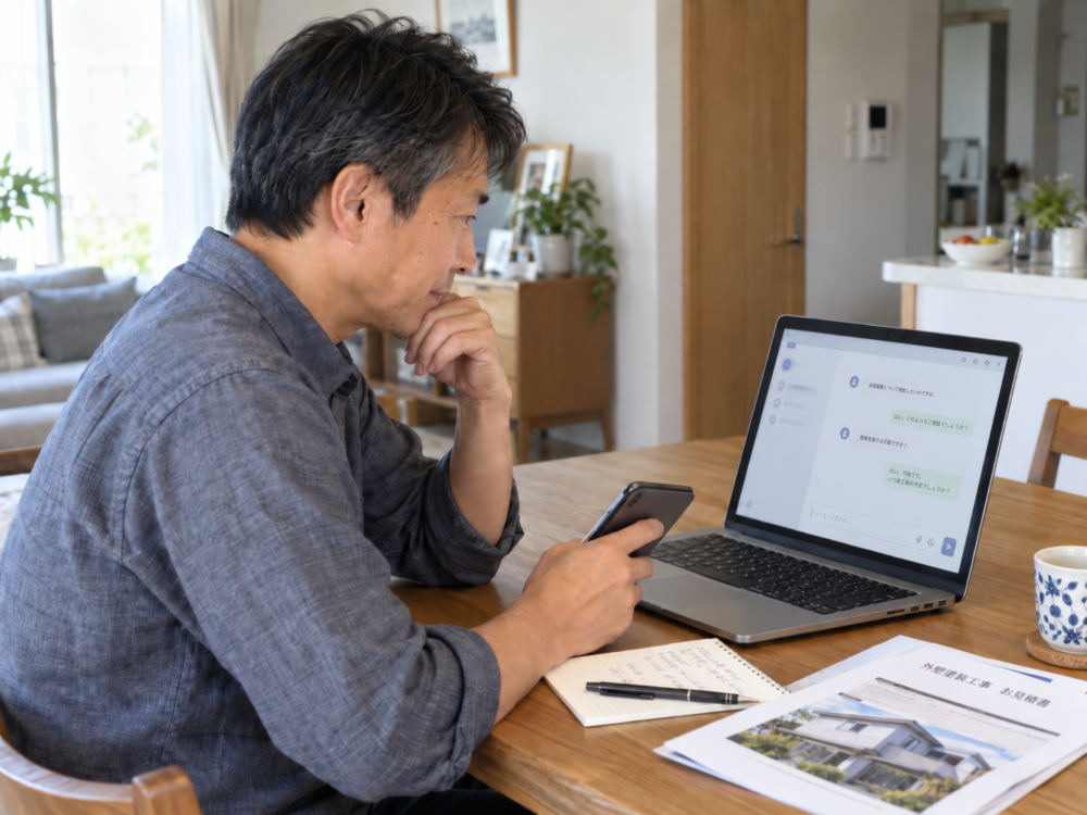 AIを使って外壁塗装について調べる男性