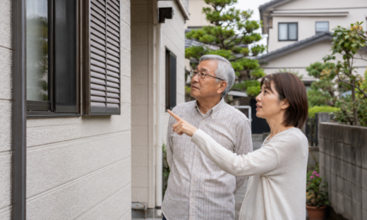 実家の外壁を見ながら相談する親子