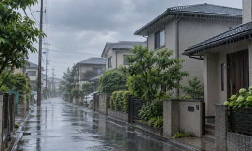 大雨が降る住宅街｜外壁や屋根の状態を確認するきっかけとなるイメージ