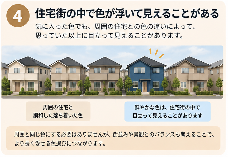 落ち着いた色の住宅街で青い外壁の家が目立って見える比較図
