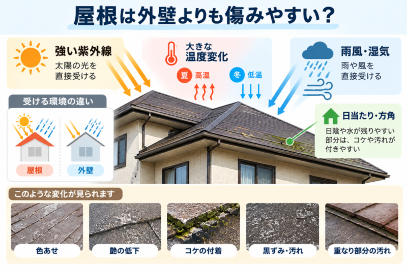 屋根が外壁より傷みやすい理由を解説する図解｜紫外線・温度変化・雨風による屋根の劣化